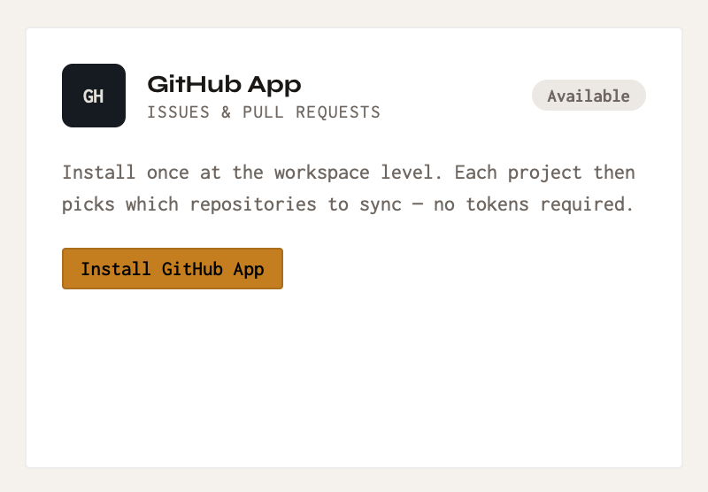 Installing the GitHub App from Workspace Settings.