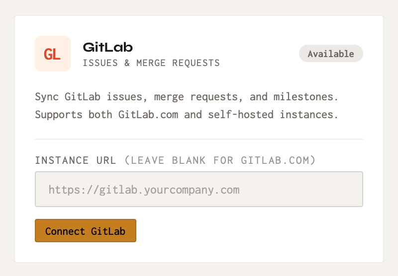 Connecting GitLab, with the optional instance URL for self-hosted GitLab.
