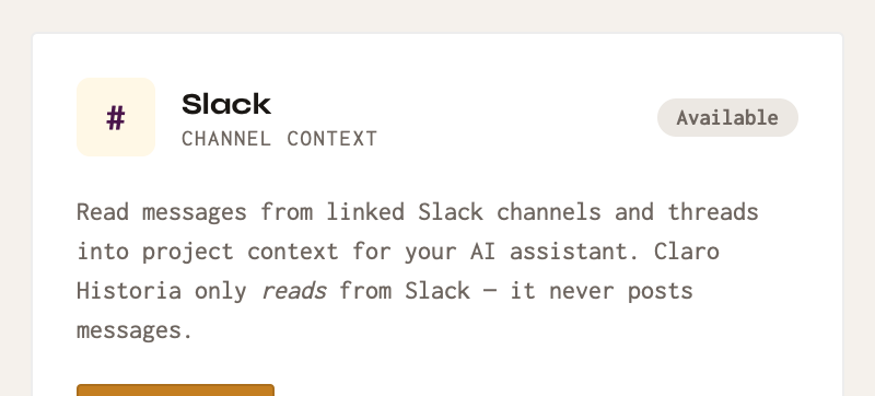Adding Claro Historia to Slack from Workspace Settings.