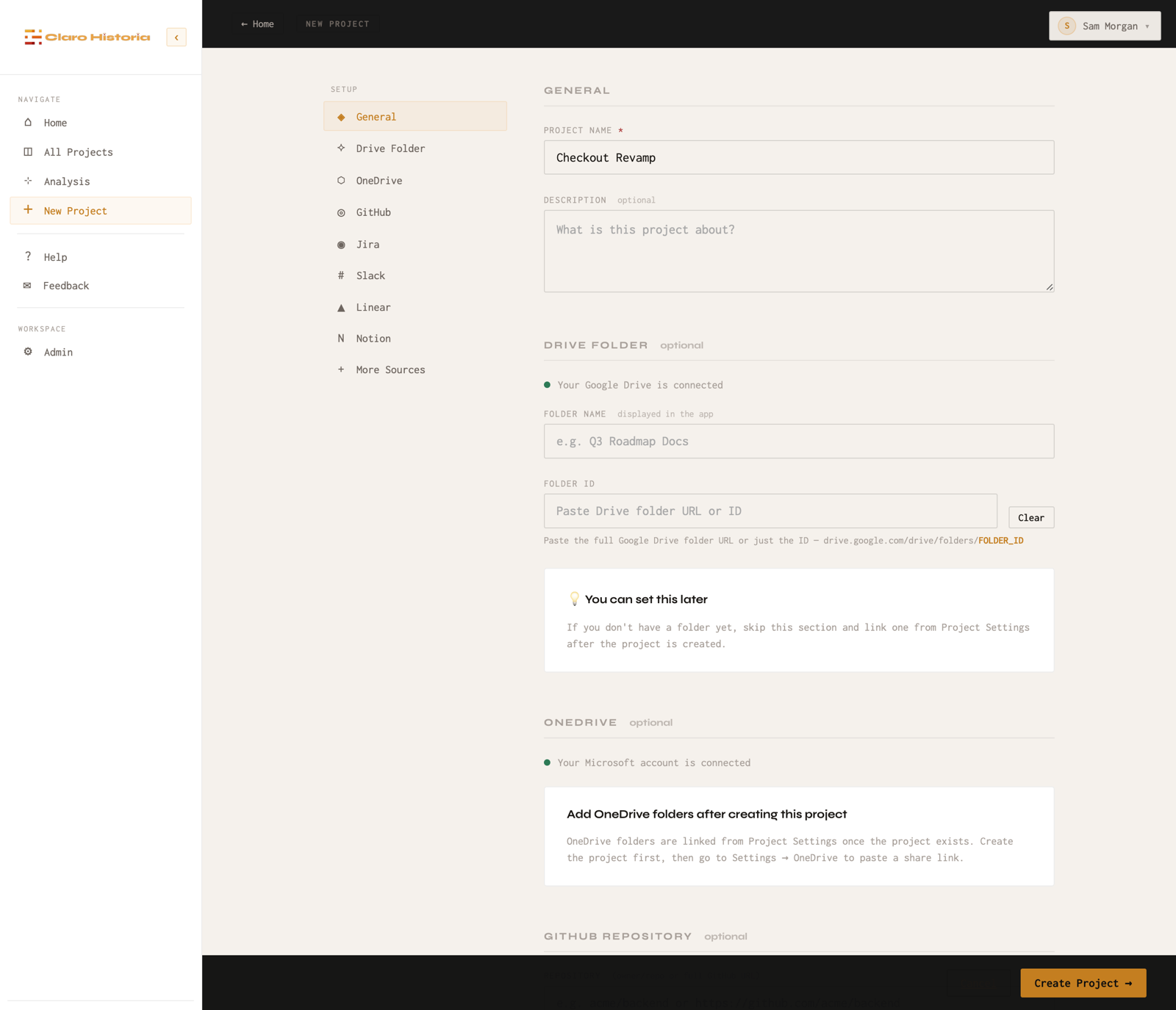 Creating a project and choosing its first sources.
