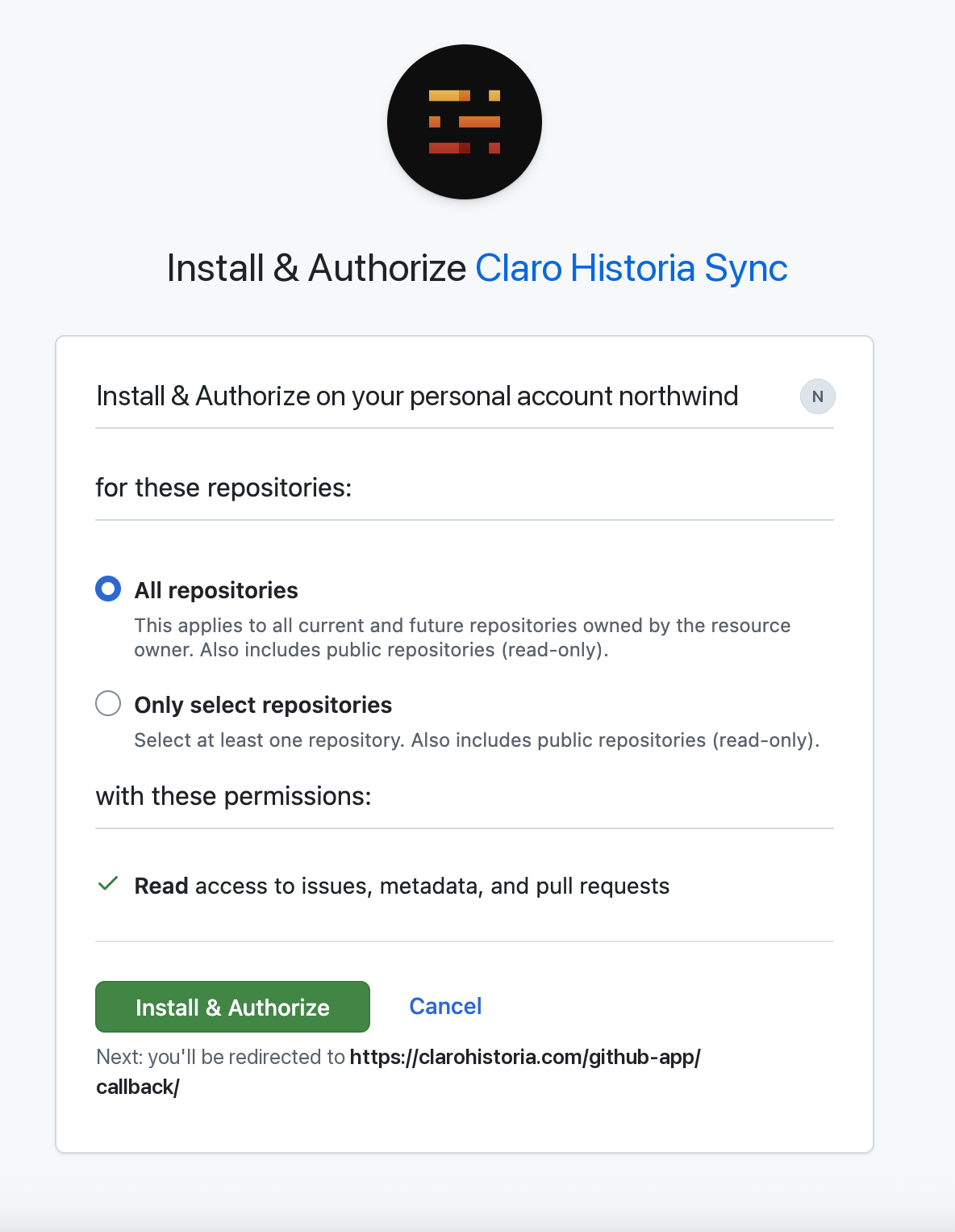 Choosing repositories on GitHub's install screen.