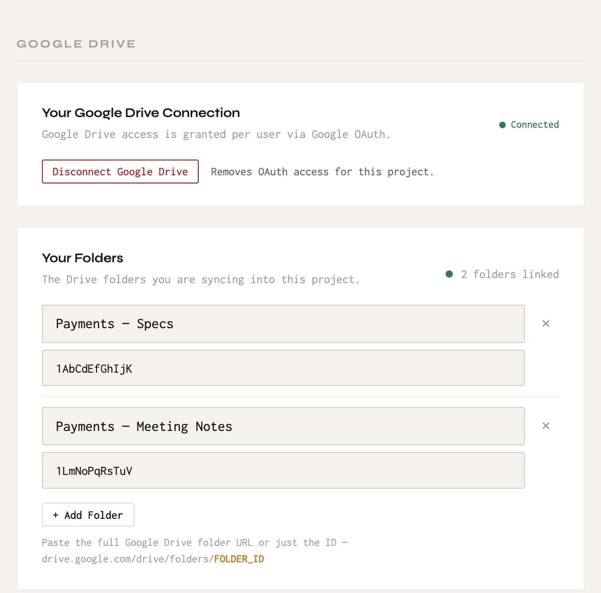 Linking a Google Drive folder to a project.