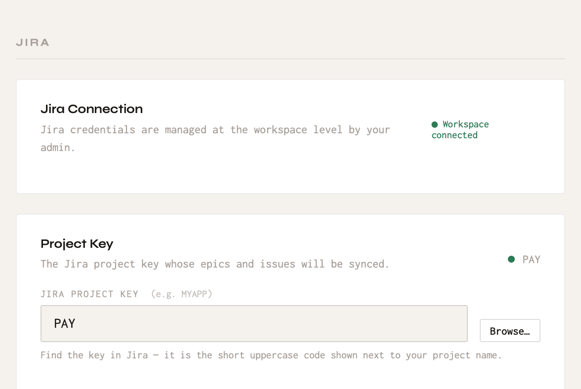 Linking a Jira project to a Claro Historia project.