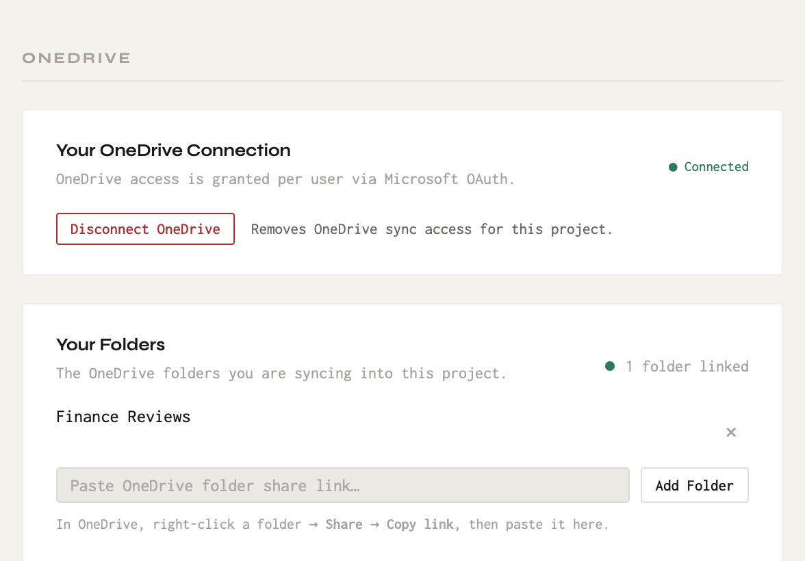 Linking a OneDrive folder to a project.