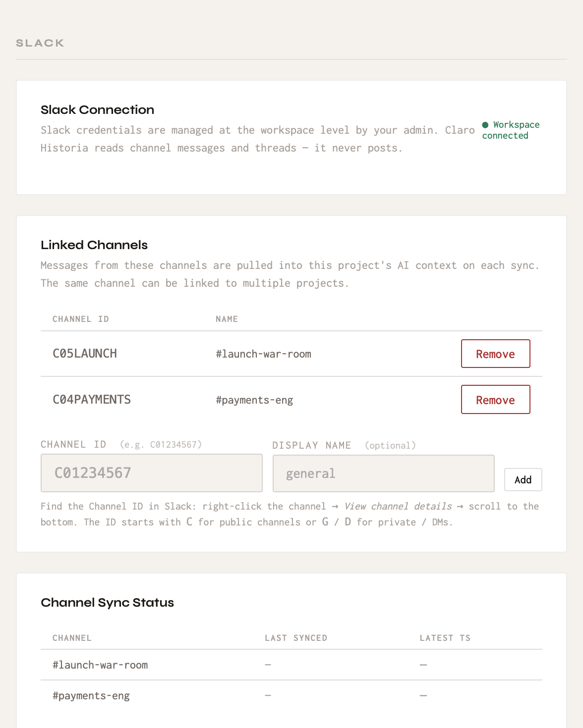 Linking Slack channels to a project.