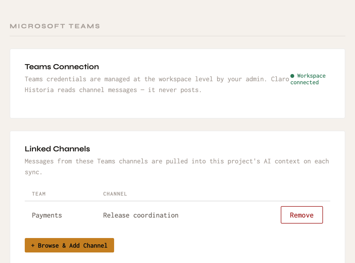 Adding Teams channels to a project.