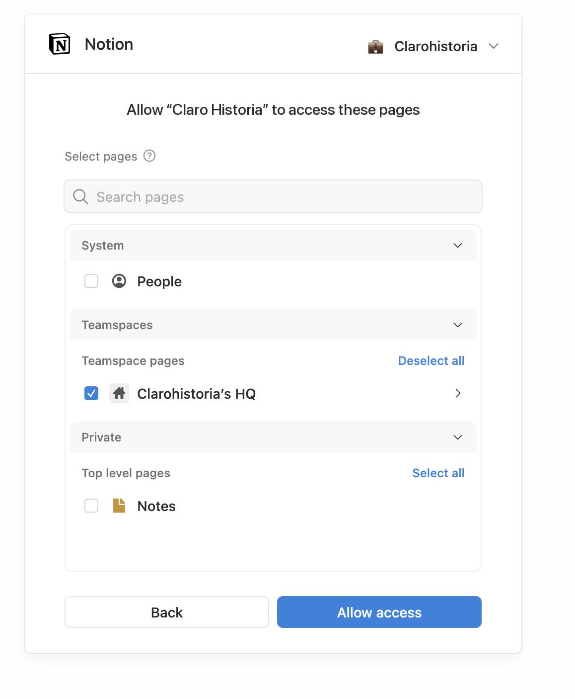 Choosing which pages to share on Notion's screen.