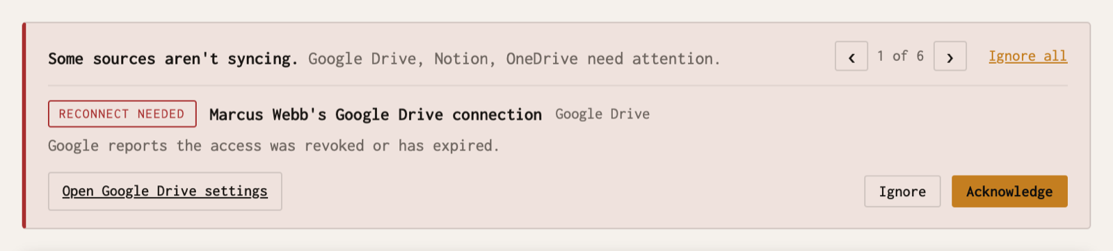 The sync notice at the top of a project.