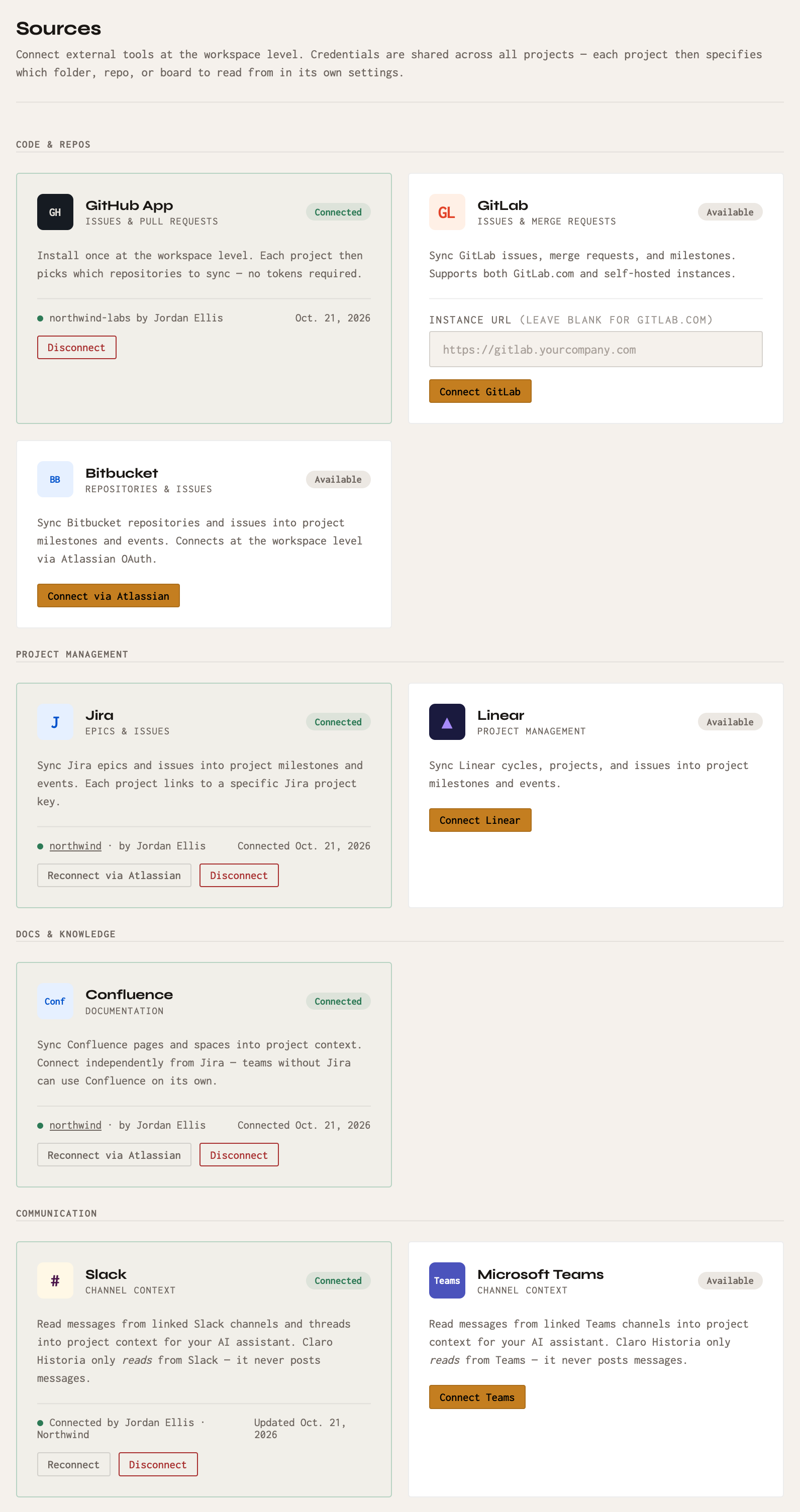 The Sources page in Workspace Settings, where admins connect tools.